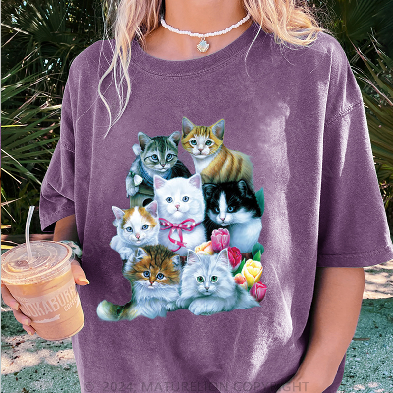 Maturelion Süße Katzen Damen Gewaschene Vintage T-Shirt