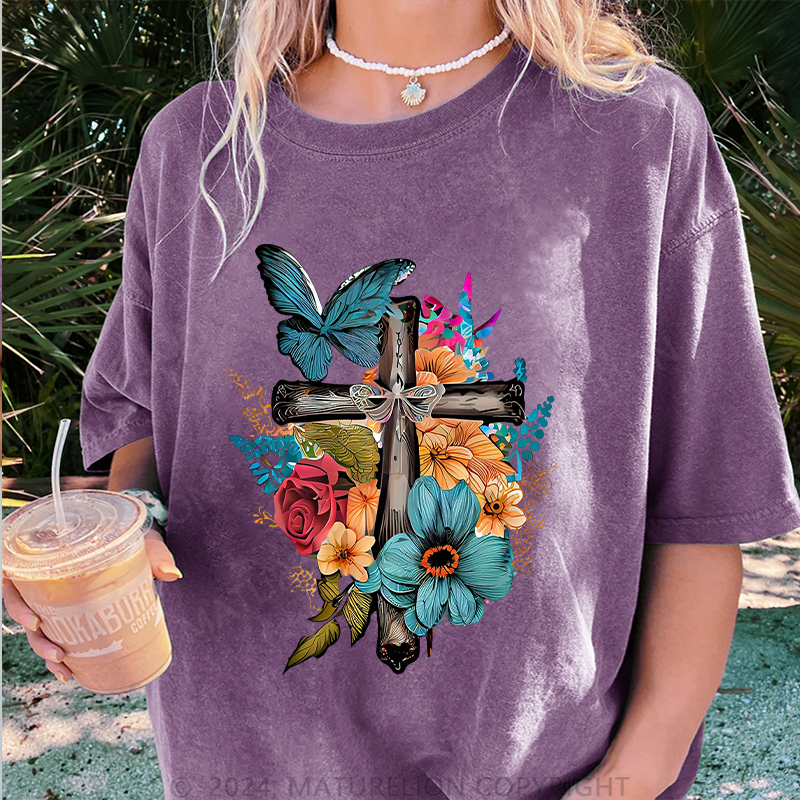 Maturelion Kreuz und Blumen Damen Gewaschene Vintage T-Shirt