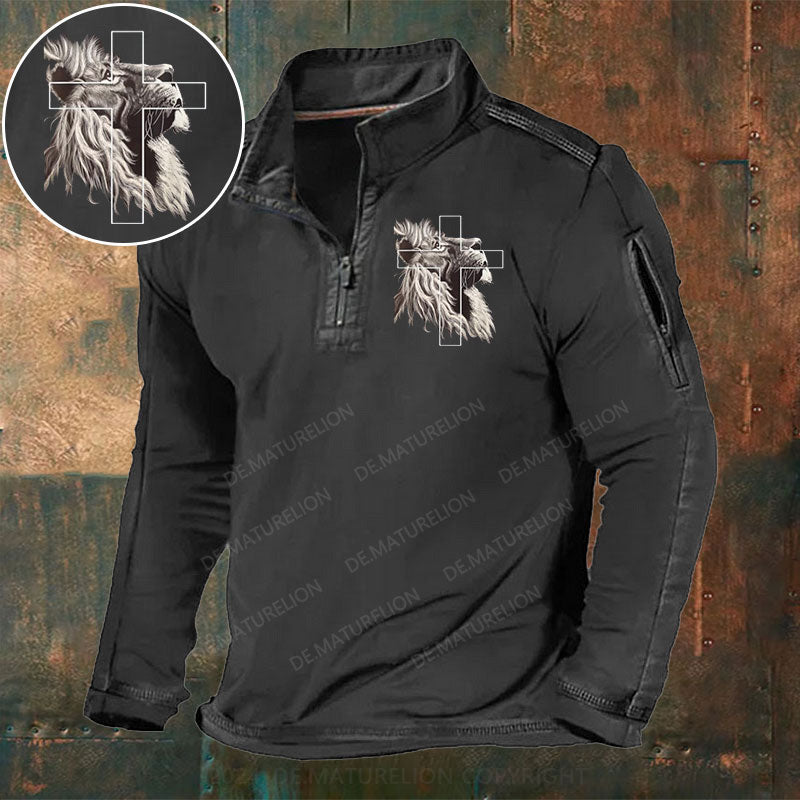 Jesus Löwe von Juda Christliches Kreuz Stehkragen Reißverschluss Polo Shirt