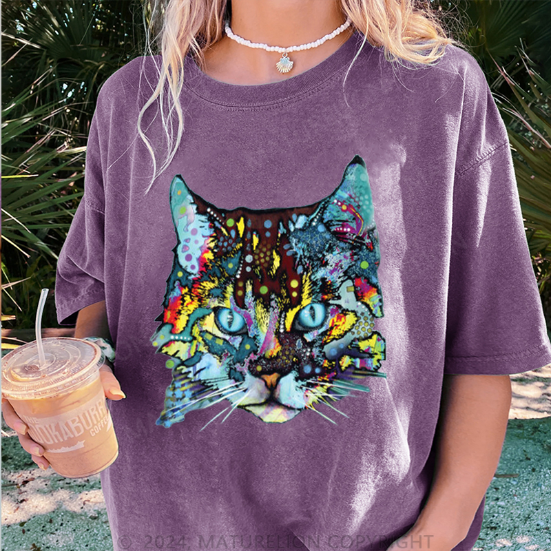 Maturelion Die Katze Damen Gewaschene Vintage T-Shirt