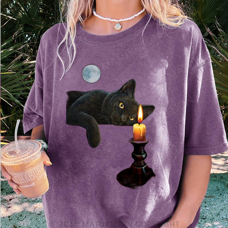 Maturelion Katze und Kerze Damen Gewaschene Vintage T-Shirt