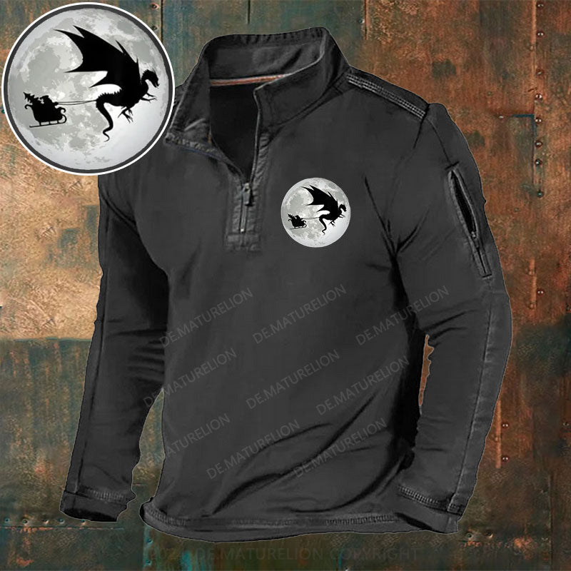 Weihnachten Weihnachtsmann Mond Schatten Stehkragen Reißverschluss Polo Shirt