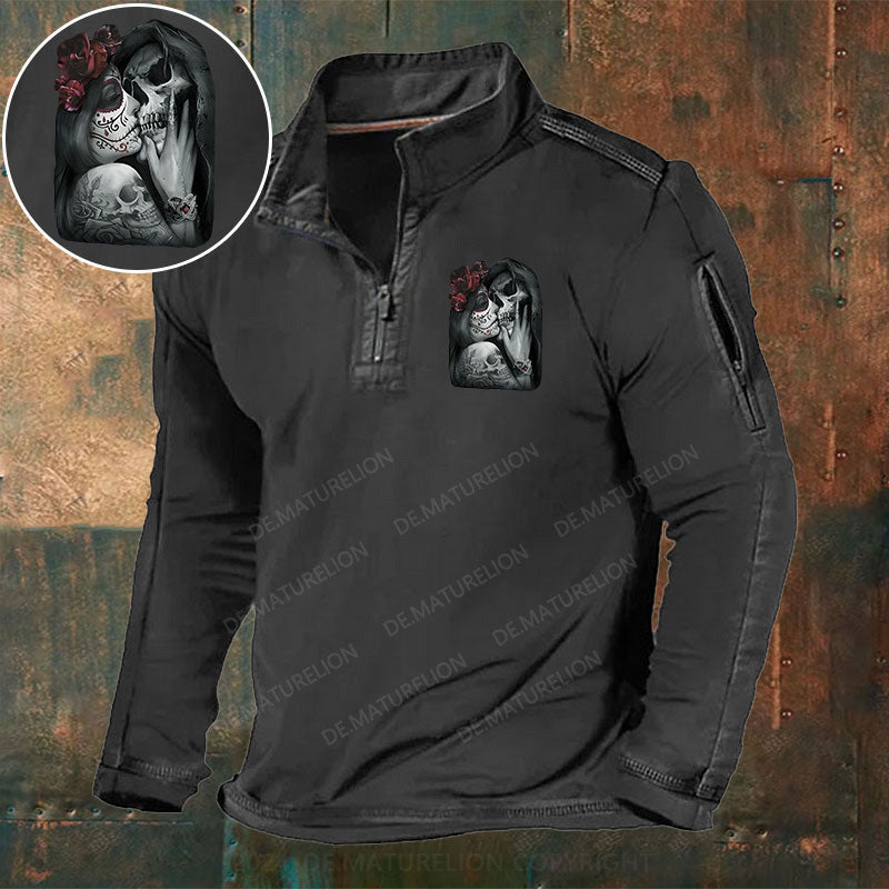 Skeleton Blumen Liebe Weihnachten Stehkragen Reißverschluss Polo Shirt