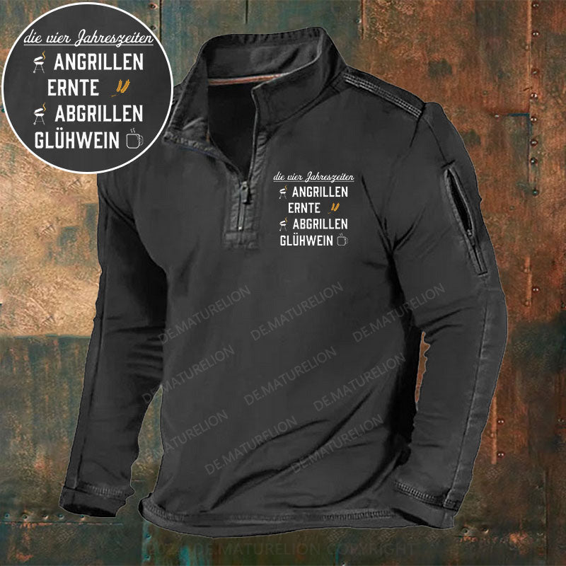 Die vier Jahreszeiten Angrillen Ernte Abgrillen Glühwein Stehkragen Reißverschluss Polo Shirt