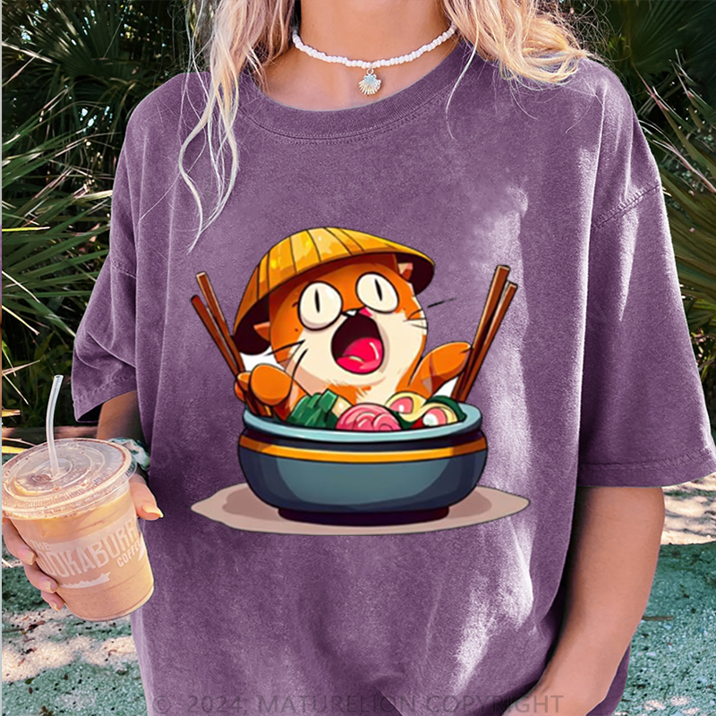 Maturelion Katze Und Sushi Damen Gewaschene Vintage T-Shirt