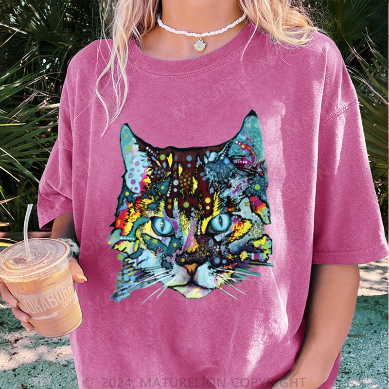 Maturelion Die Katze Damen Gewaschene Vintage T-Shirt