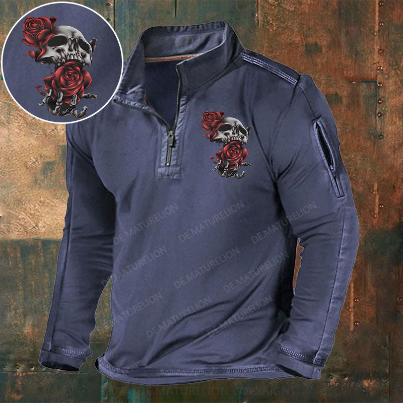 Skeleton Blumen Weihnachten Stehkragen Reißverschluss Polo Shirt