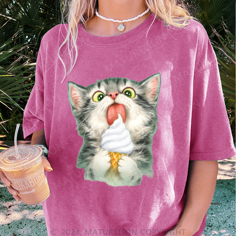 Maturelion Katze und Eis Damen Gewaschene Vintage T-Shirt