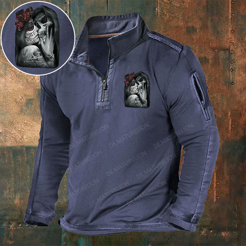 Skeleton Blumen Liebe Weihnachten Stehkragen Reißverschluss Polo Shirt