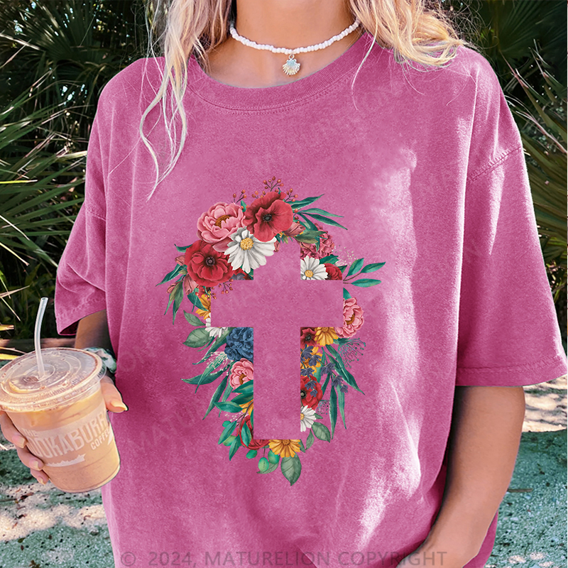 Maturelion Kreuz Blumen Damen Gewaschene Vintage T-Shirt
