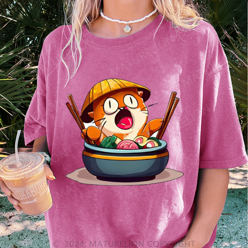 Maturelion Katze Und Sushi Damen Gewaschene Vintage T-Shirt