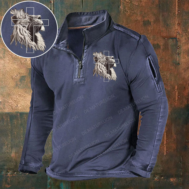 Jesus Löwe von Juda Christliches Kreuz Stehkragen Reißverschluss Polo Shirt