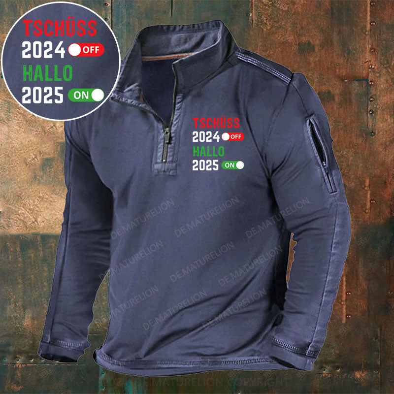 Tschüss 2024 Hallo 2025 Stehkragen Reißverschluss Polo Shirt