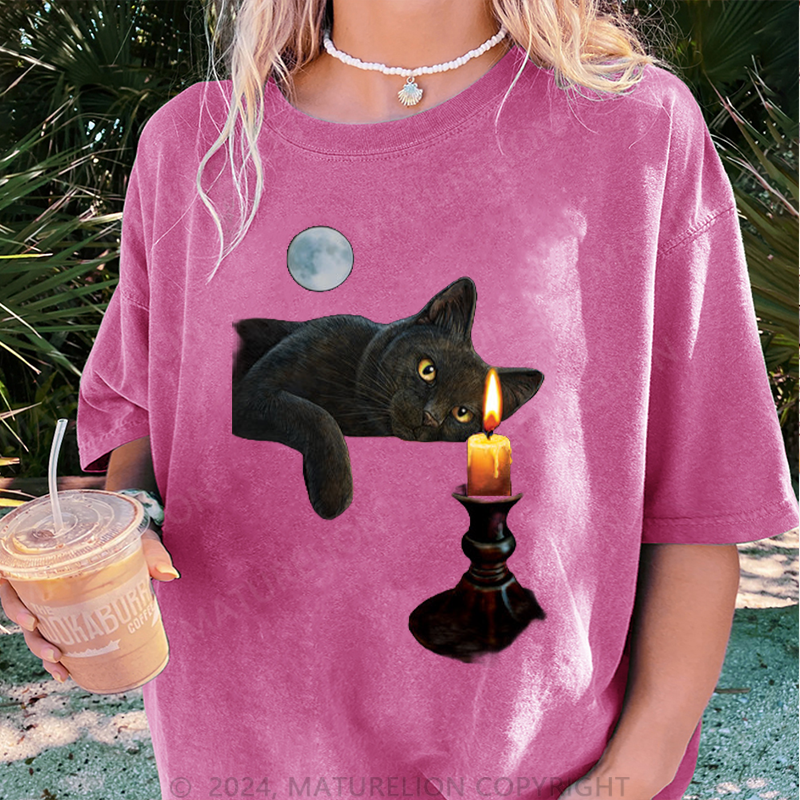 Maturelion Katze und Kerze Damen Gewaschene Vintage T-Shirt