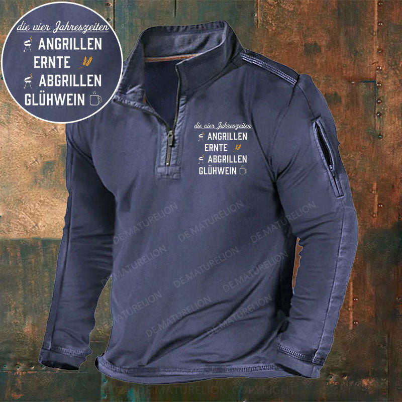 Die vier Jahreszeiten Angrillen Ernte Abgrillen Glühwein Stehkragen Reißverschluss Polo Shirt