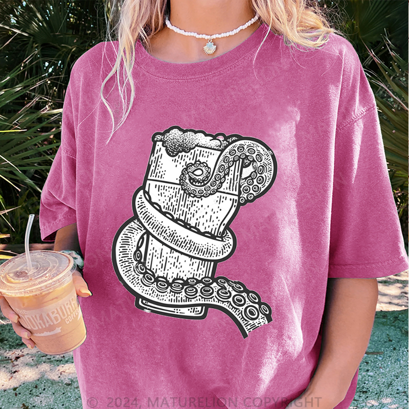 Maturelion Oktopus Und Bier Damen Gewaschene Vintage T-Shirt
