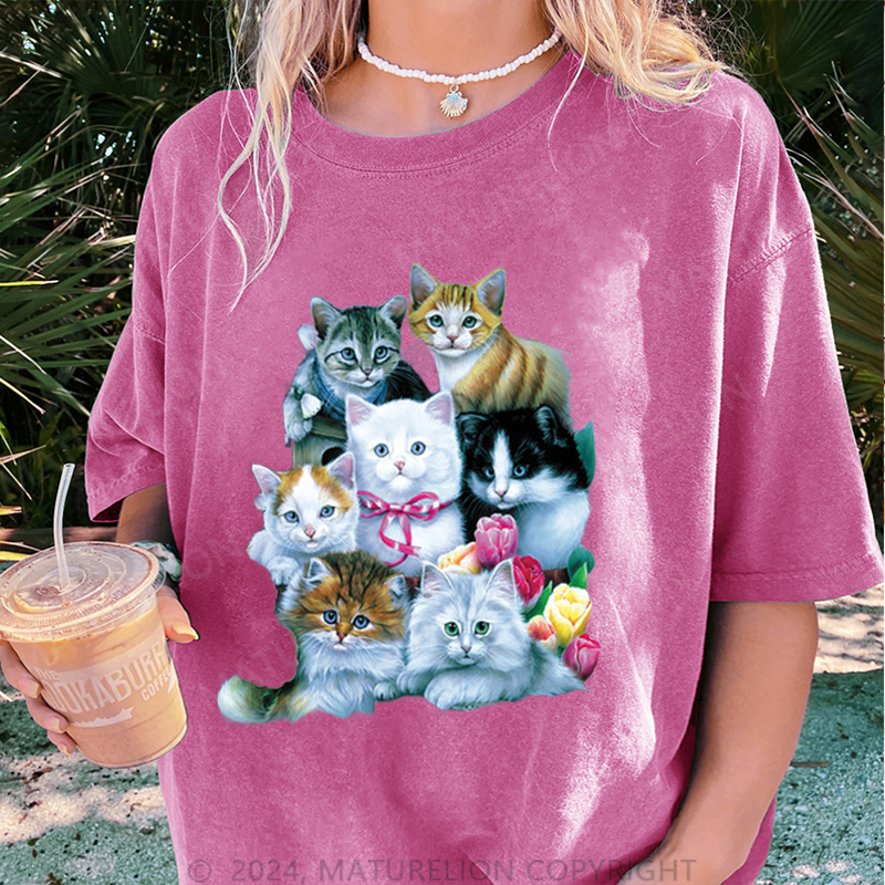 Maturelion Süße Katzen Damen Gewaschene Vintage T-Shirt