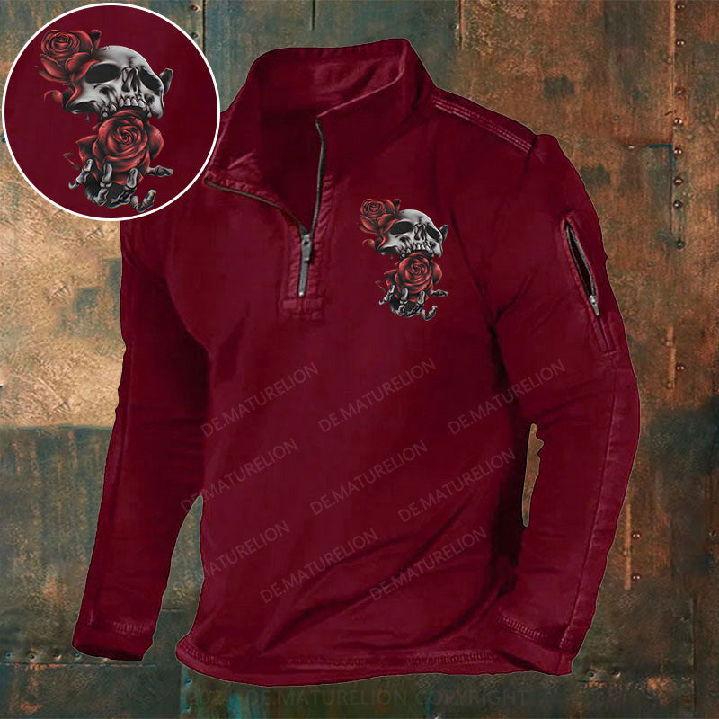 Skeleton Blumen Weihnachten Stehkragen Reißverschluss Polo Shirt