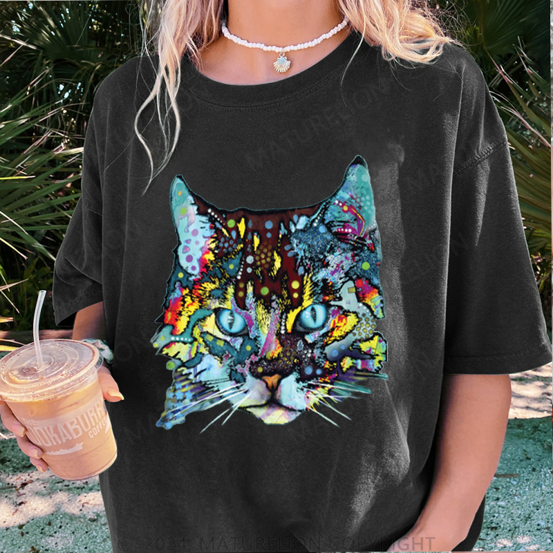 Maturelion Die Katze Damen Gewaschene Vintage T-Shirt