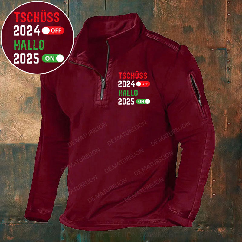 Tschüss 2024 Hallo 2025 Stehkragen Reißverschluss Polo Shirt