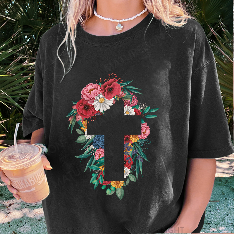 Maturelion Kreuz Blumen Damen Gewaschene Vintage T-Shirt