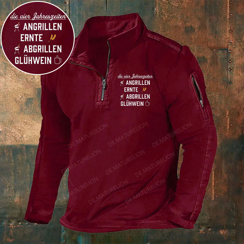 Die vier Jahreszeiten Angrillen Ernte Abgrillen Glühwein Stehkragen Reißverschluss Polo Shirt