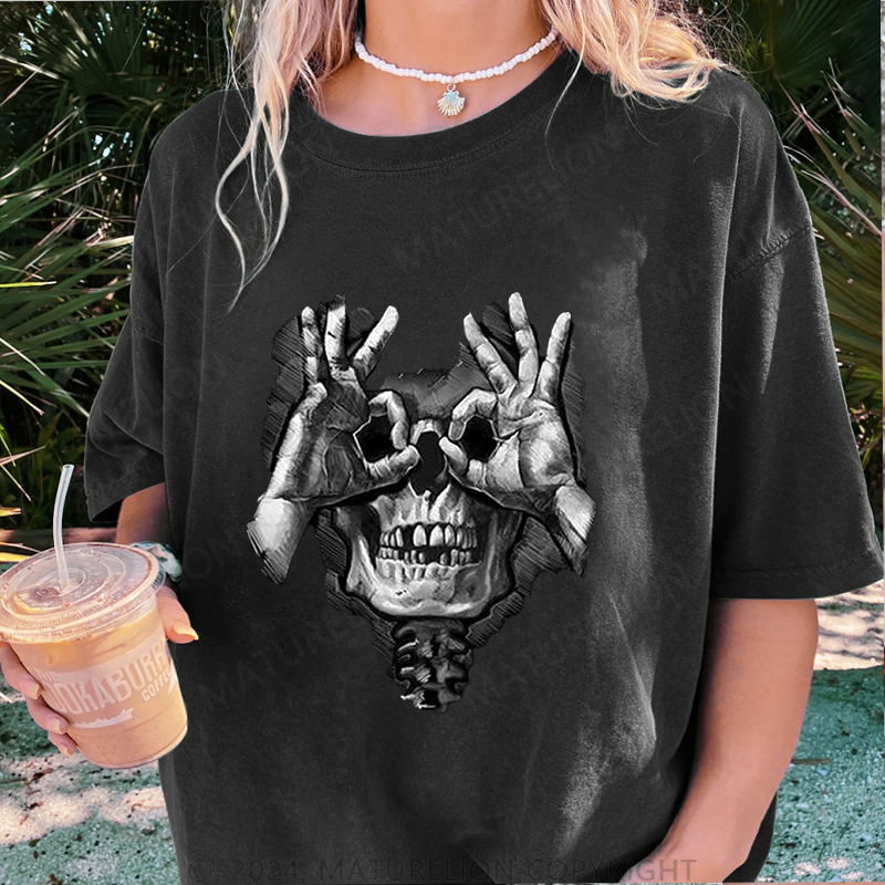 Maturelion Skelett Damen Gewaschene Vintage T-Shirt