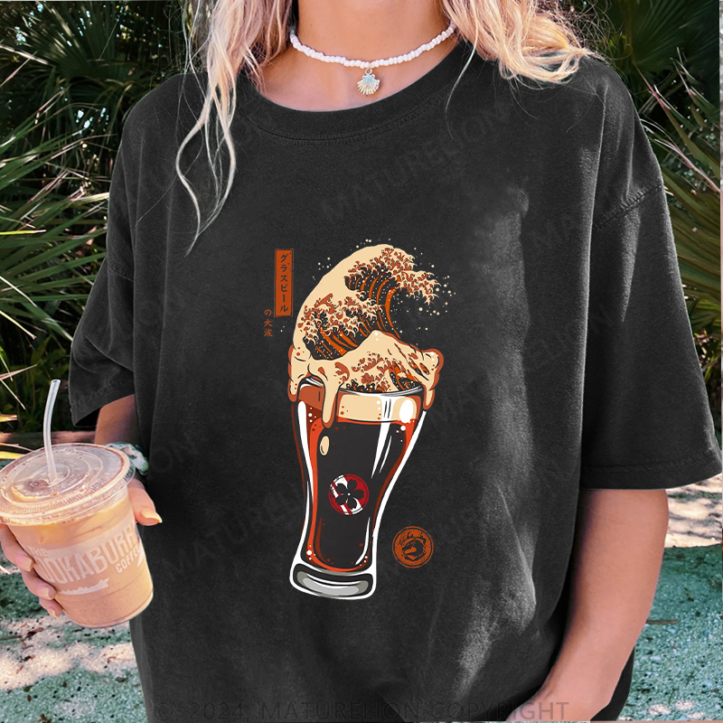 Maturelion Japanisches Bier Damen Gewaschene Vintage T-Shirt