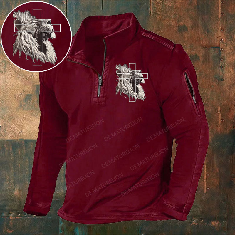 Jesus Löwe von Juda Christliches Kreuz Stehkragen Reißverschluss Polo Shirt