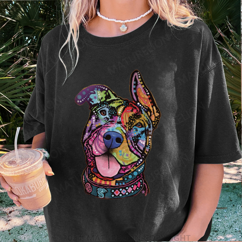 Maturelion Farbiger Hund Damen Gewaschene Vintage T-Shirt