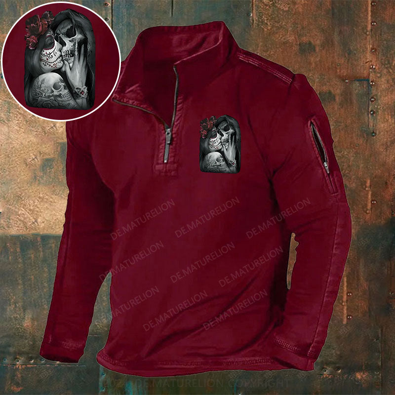 Skeleton Blumen Liebe Weihnachten Stehkragen Reißverschluss Polo Shirt