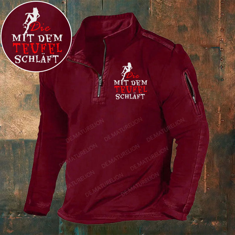 Die mit dem Teufel schläft Stehkragen Reißverschluss Polo Shirt