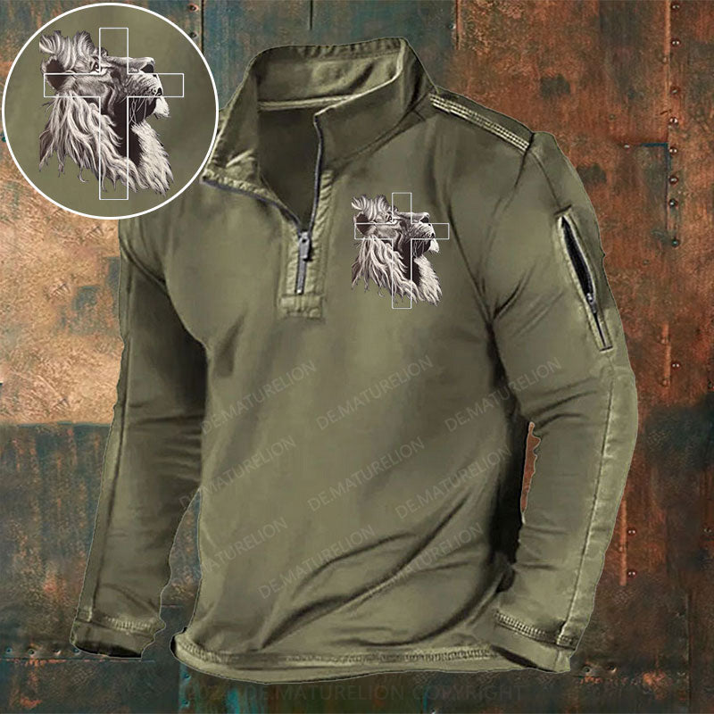 Jesus Löwe von Juda Christliches Kreuz Stehkragen Reißverschluss Polo Shirt