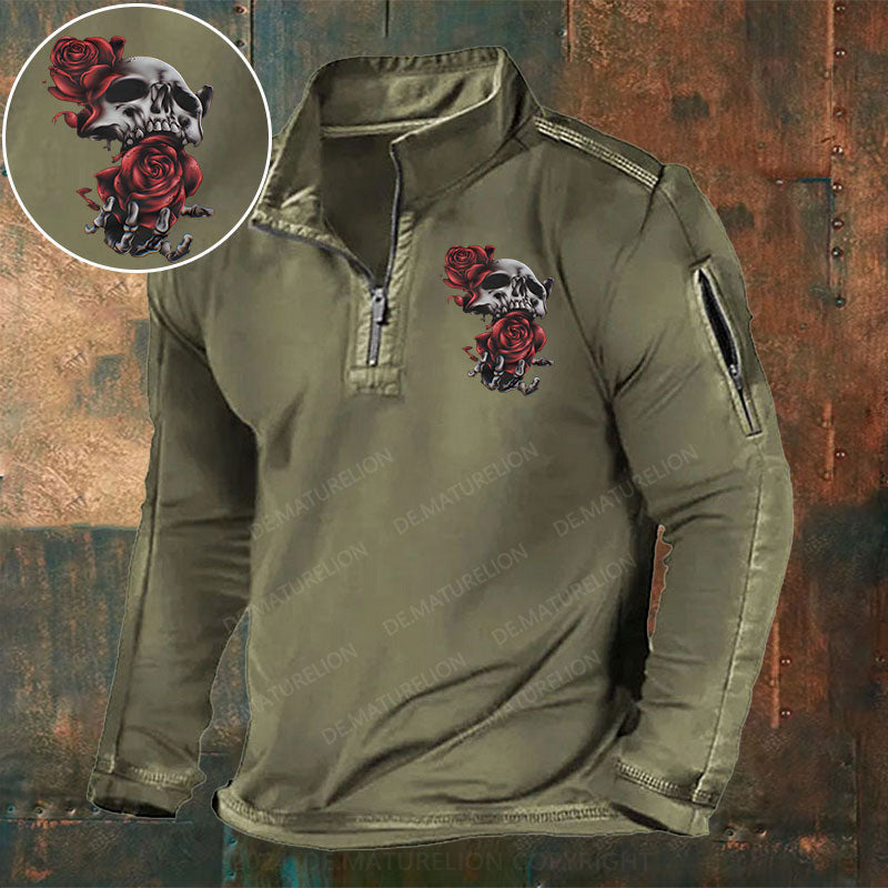 Skeleton Blumen Weihnachten Stehkragen Reißverschluss Polo Shirt