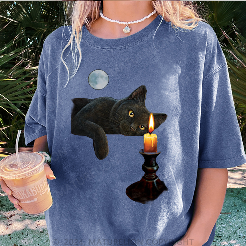 Maturelion Katze und Kerze Damen Gewaschene Vintage T-Shirt