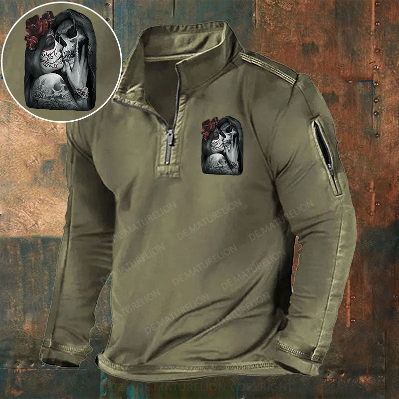 Skeleton Blumen Liebe Weihnachten Stehkragen Reißverschluss Polo Shirt