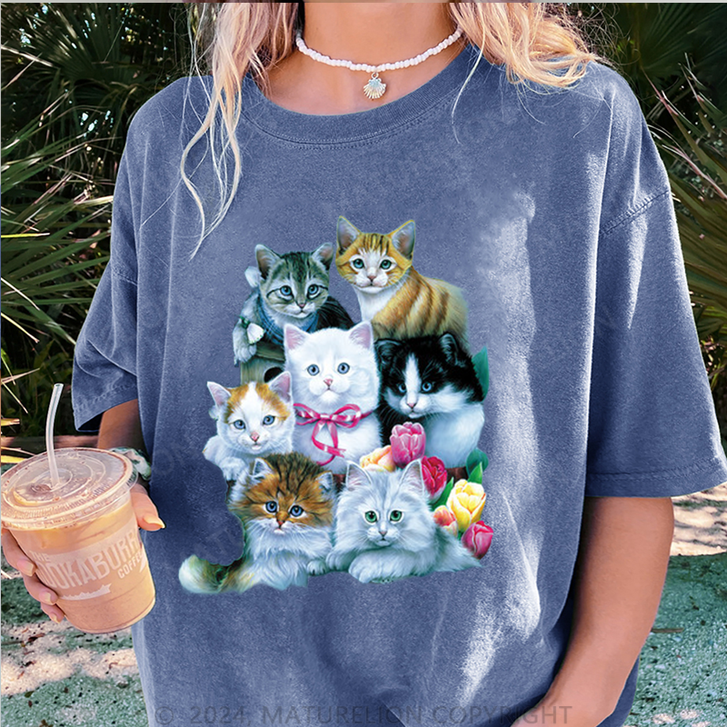Maturelion Süße Katzen Damen Gewaschene Vintage T-Shirt