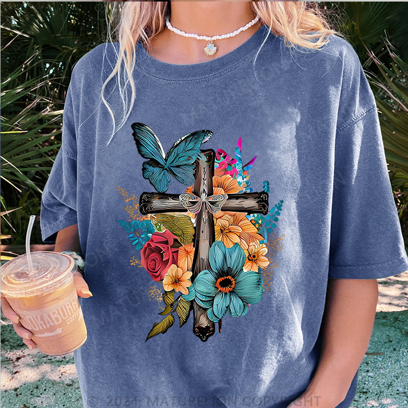 Maturelion Kreuz und Blumen Damen Gewaschene Vintage T-Shirt