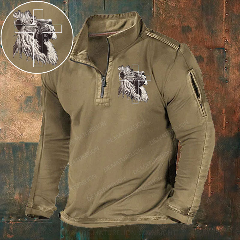 Jesus Löwe von Juda Christliches Kreuz Stehkragen Reißverschluss Polo Shirt