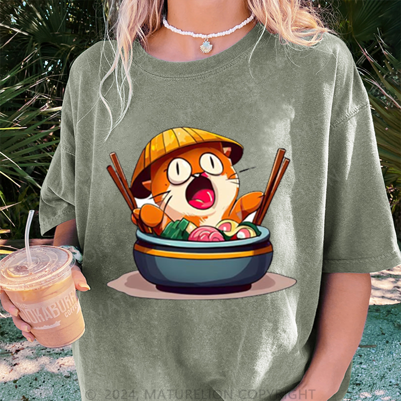 Maturelion Katze Und Sushi Damen Gewaschene Vintage T-Shirt