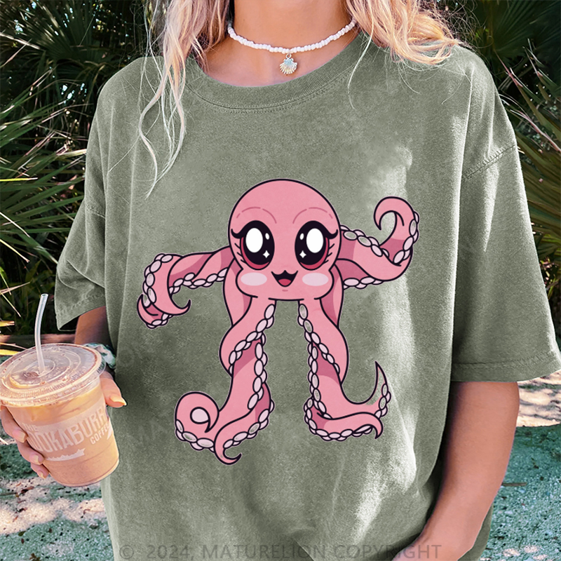 Maturelion Oktopus Damen Gewaschene Vintage T-Shirt