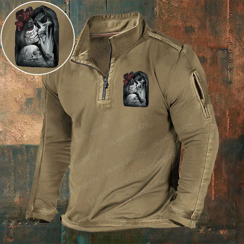Skeleton Blumen Liebe Weihnachten Stehkragen Reißverschluss Polo Shirt