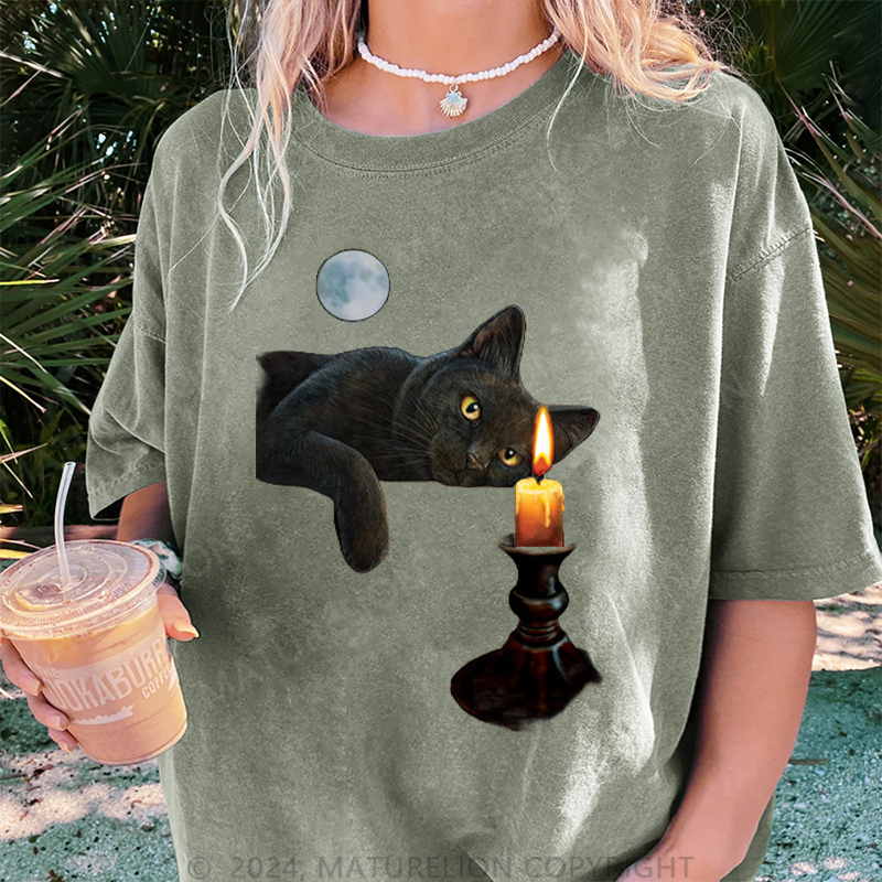 Maturelion Katze und Kerze Damen Gewaschene Vintage T-Shirt