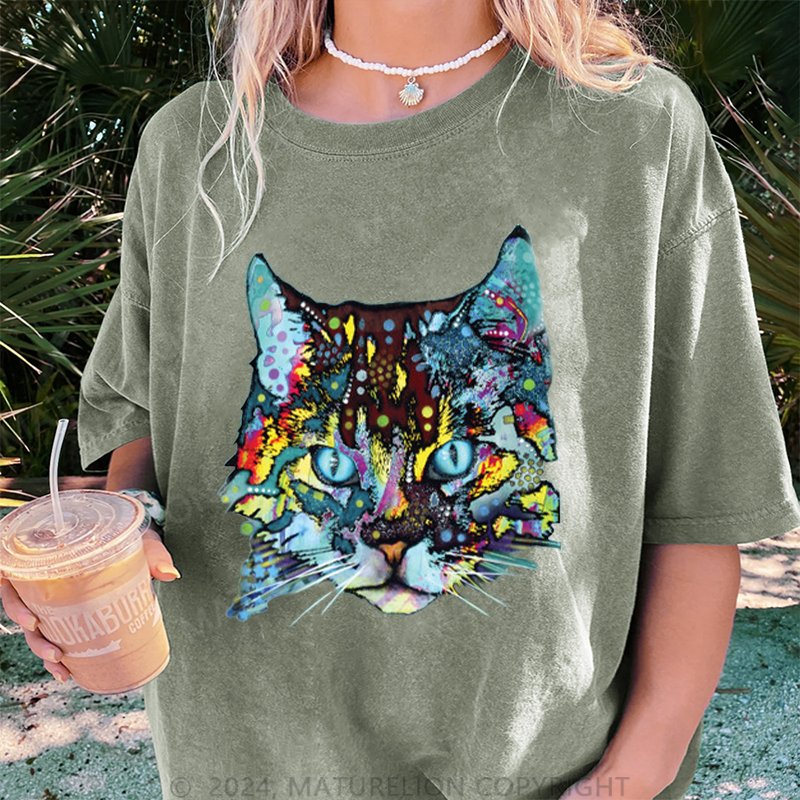 Maturelion Die Katze Damen Gewaschene Vintage T-Shirt