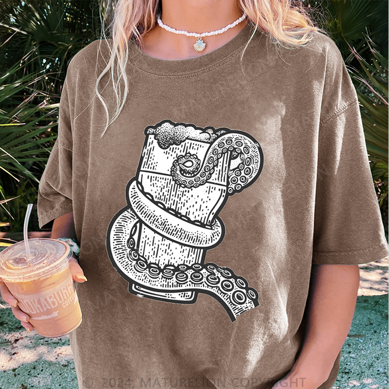 Maturelion Oktopus Und Bier Damen Gewaschene Vintage T-Shirt
