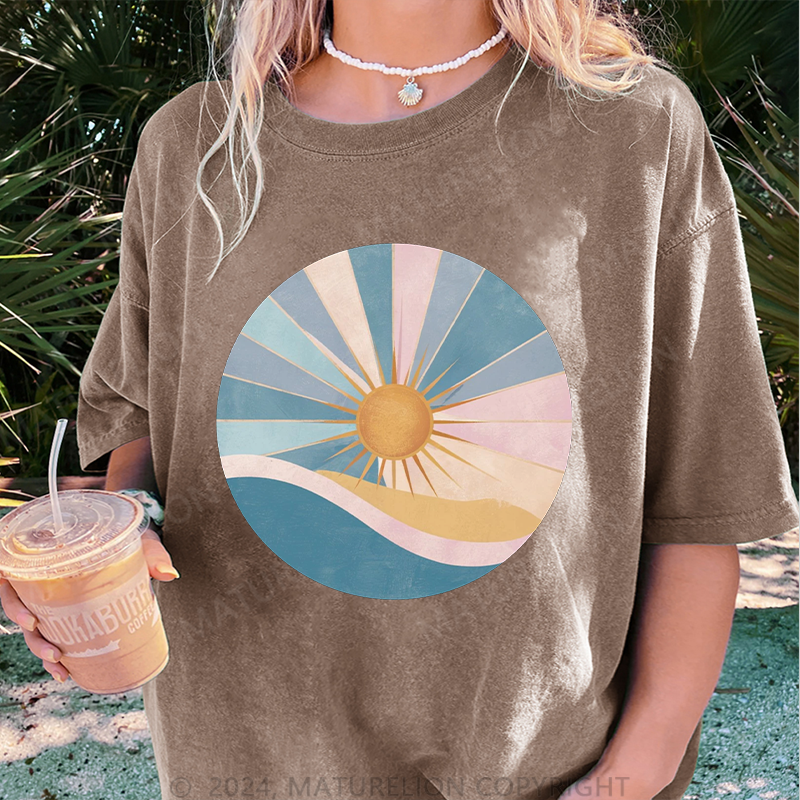 Maturelion Die Sonne Damen Gewaschene Vintage T-Shirt