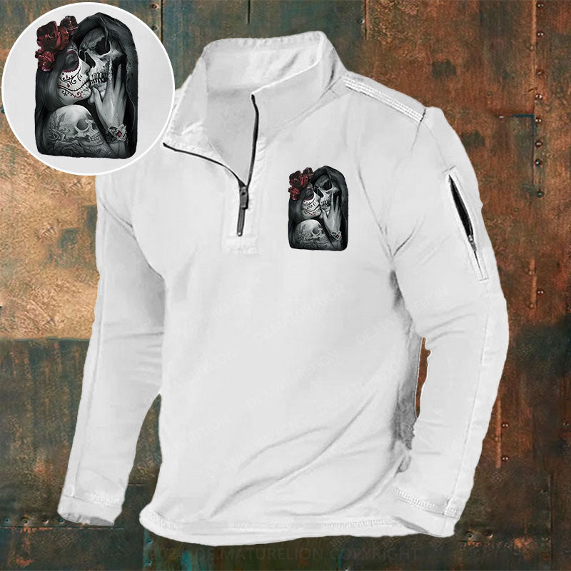 Skeleton Blumen Liebe Weihnachten Stehkragen Reißverschluss Polo Shirt