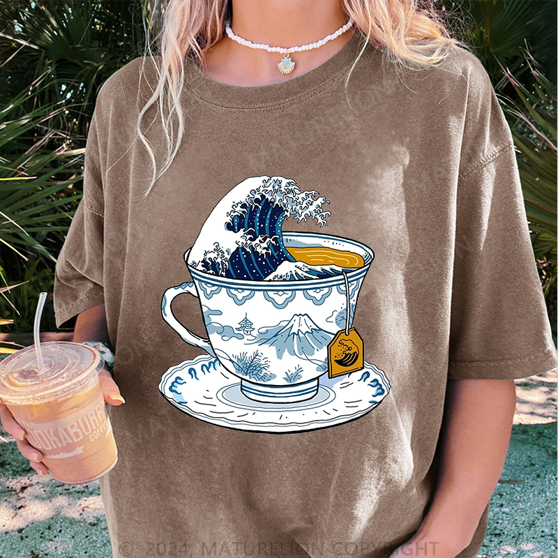 Maturelion Japanischer Tee Damen Gewaschene Vintage T-Shirt