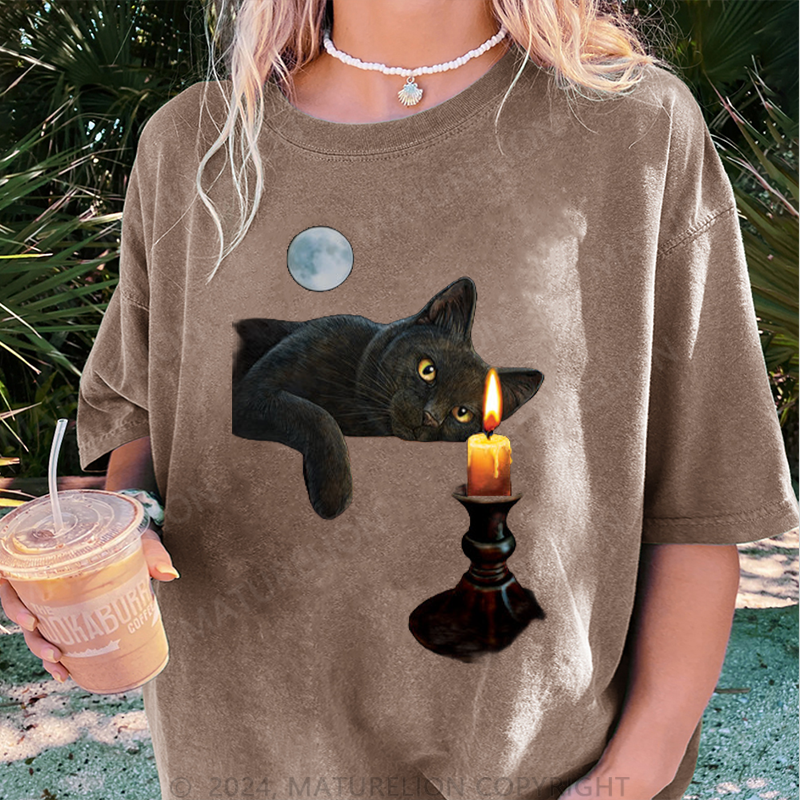 Maturelion Katze und Kerze Damen Gewaschene Vintage T-Shirt