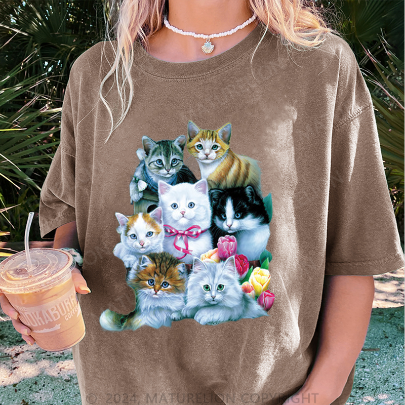 Maturelion Süße Katzen Damen Gewaschene Vintage T-Shirt